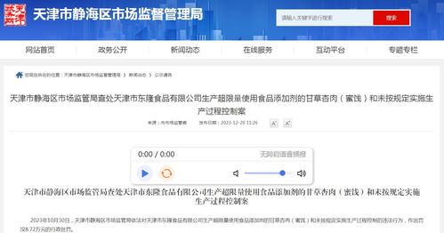 天津市静海区市场监管局查处天津市东隆食品生产超限量使用食品添加剂的甘草杏肉 蜜饯 和未按规定实施生产过程控制案